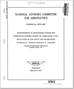 naca-tn-4402 Measurements of Aerodynamic Forces and Moments at Subsonic Speeds on a Simplified T-Tail Oscillating in Yaw About the Fin Midchord