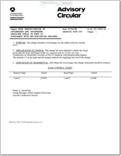 AC-23-1521-2 Type Certification of Oxygenates and Oxygenated Gasoline Fuels in Part 23 Airplanes with Reciprocating Engines