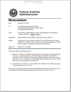 FAA-AIR-100-15-110-GM56 Clarification to Memo Number AIR100-15-140-PM18 and Memo Number AIR100-15-110-DM53, 14CFR Part 21, Changes to Production Certificates and Approvals