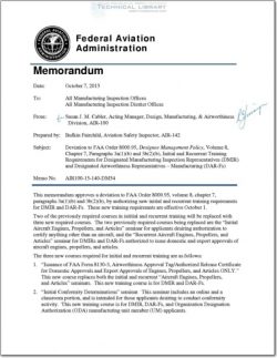 FAA-AIR-100-15-140-DM54 Deviation to FAA Order 8000.95, Designee Management Plicy, Volume 8, Chapter 7, Paragraphs 3a(1)(b) and 3b(2)(b), Initial and Recurrent Training Requirements