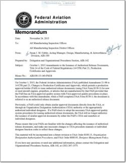 FAA-AIR-100-15-140-PM18 Amendments to the Issuance of Authorized Release Documents, Title 14 CFR Part 21, Production Certificates and Approvals