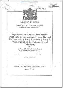 ARC-RM-2165 Experiments on Laminar Flow Airfoil EQH 1260 in the William Froude National Tank and the 13 ft. x 9 ft. and the 9 ft. x 7 ft. Wind Tunnels at the National Physical Lab