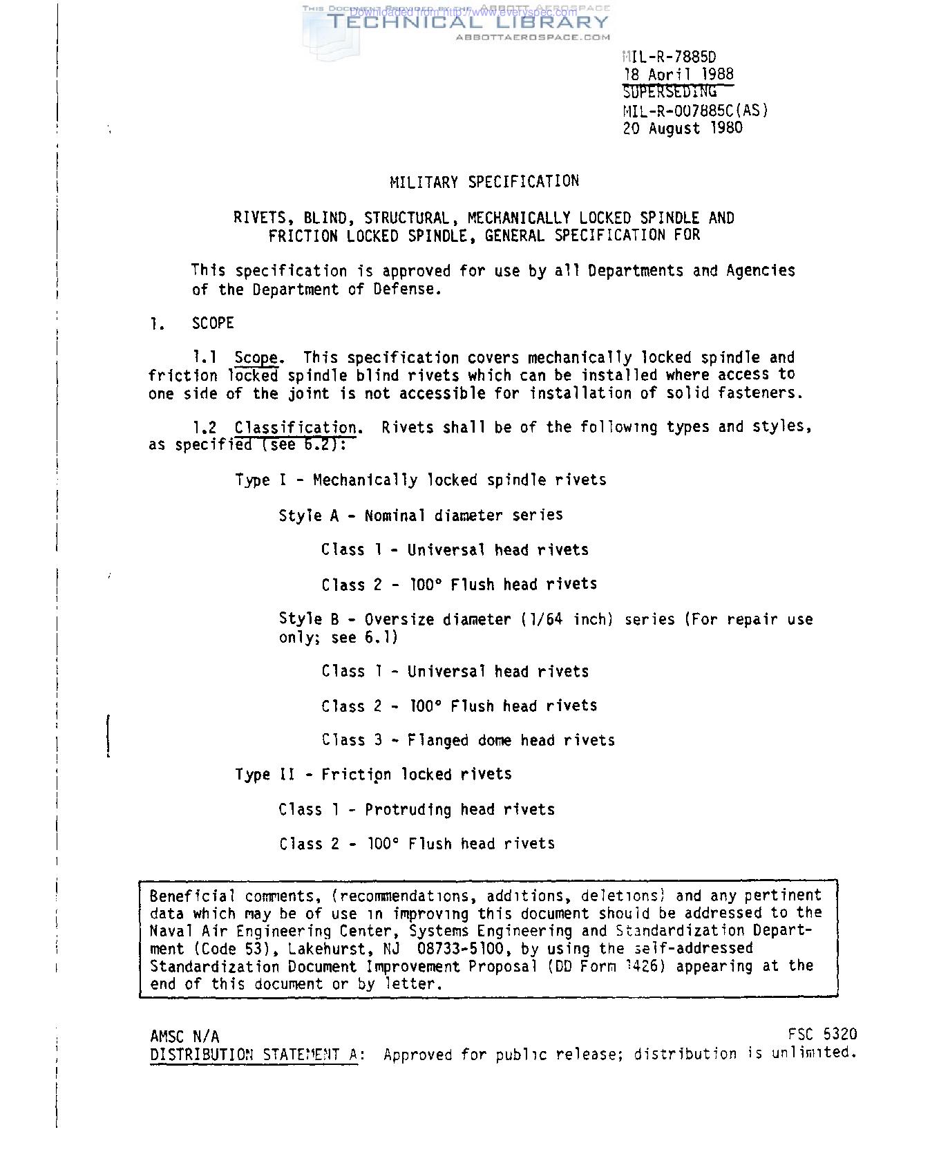 MILR7885D General Specification for Rivets, Blind, Structural